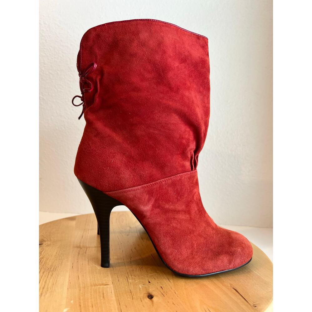Red Soft Suede Slouchy Heeled Boots Mid Calf Bow Tie Pull On Size 9.5 Rampage